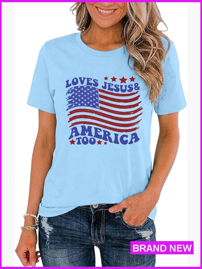 American Flag T-Shirt Patriotic Casual Short Sleeve Tee Independence Day Top